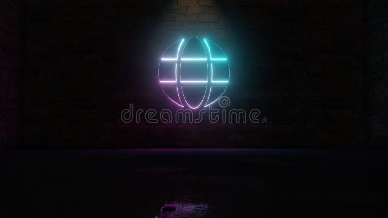 3D-rendering av blå violett neonsymbol med globe-ikon på tegelväggen stock illustrationer