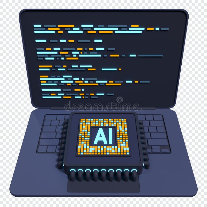 3d-rendering av bärbar dator med mikroprocessor. Maskinvarukoncept för hjälpchip. futuristiskt mikrochip på en bärbar dator. artif royaltyfri illustrationer