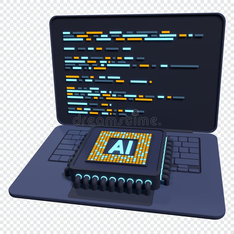 3d-rendering av bärbar dator med mikroprocessor. Maskinvarukoncept för hjälpchip. futuristiskt mikrochip på en bärbar dator. artif vektor illustrationer