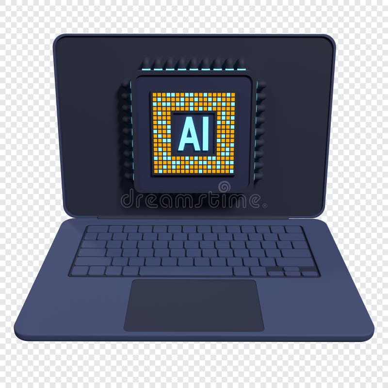 3d-rendering av bärbar dator med mikroprocessor. Maskinvarukoncept för hjälpchip. futuristiskt mikrochip på en bärbar dator. artif royaltyfri illustrationer