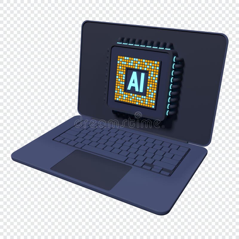 3d-rendering av bärbar dator med mikroprocessor. Maskinvarukoncept för hjälpchip. futuristiskt mikrochip på en bärbar dator. artif vektor illustrationer