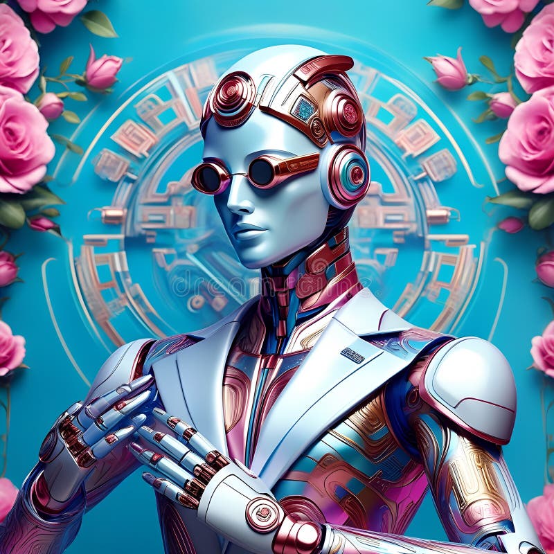 3d-rendering av en kvinnlig robot med rosa på blå bakgrund. grafisk design som skapats av en artist med hjälp av ai