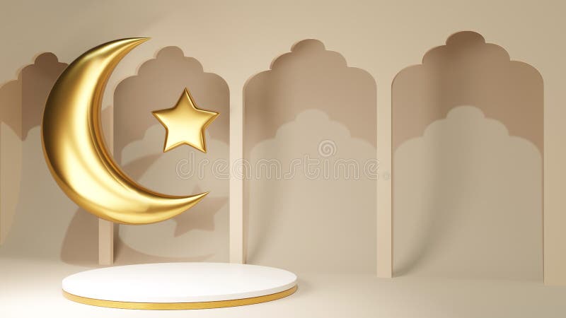 3d-rendering av enkel podium med arabisk dekoration för reklambanderoll. Grått krescent och stjärna nära smycken stock illustrationer