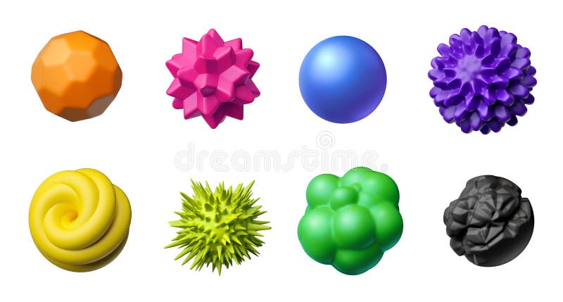 3d-rendering av enkla geometriska former primitiva och abstrakta objekt. samling av färglösa kulor och runda konstruktioner vektor illustrationer