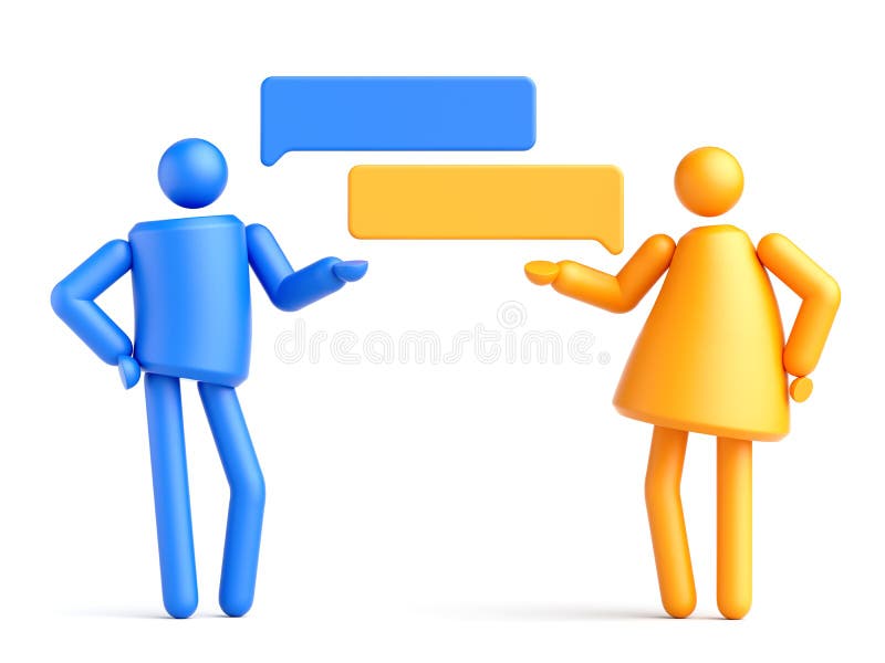 3d-rendering av enkla geometriska manliga och kvinnliga mänskliga tecken som chattar debatter. sociala kommunikationsklippart isol stock illustrationer