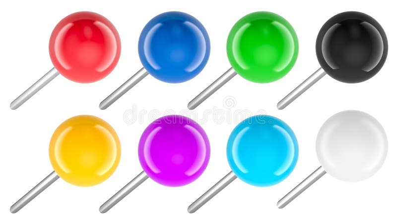 3D-rendering av färgade runda huvud Push Pins Pins royaltyfri illustrationer