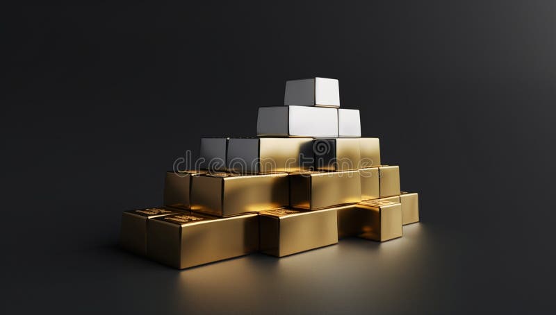 3d-rendering av guld- och silverlådor som är staplade ovanpå varandra i form av en svart pyramidbakgrund stock illustrationer