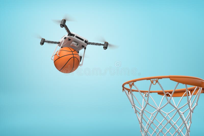 3d-rendering av kameradrönare som transporterar basketboll till basketboll på ljusblå bakgrund.