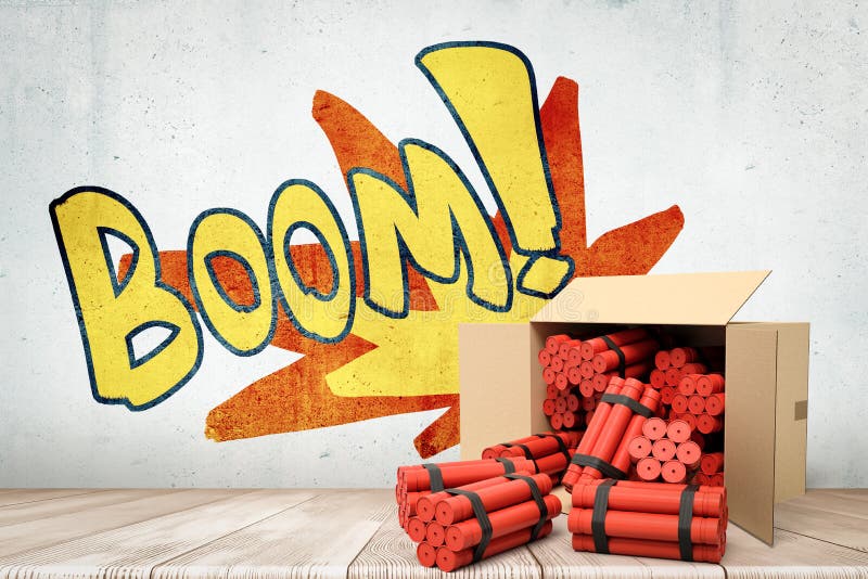3d rendering of cardboard box lying sidelong with dynamite bundles scattered out near grungy wall with title `BOOM`. Explosive materials. Terrorism tools. Modern dangers. 3d rendering of cardboard box lying sidelong with dynamite bundles scattered out near grungy wall with title `BOOM`. Explosive materials. Terrorism tools. Modern dangers.
