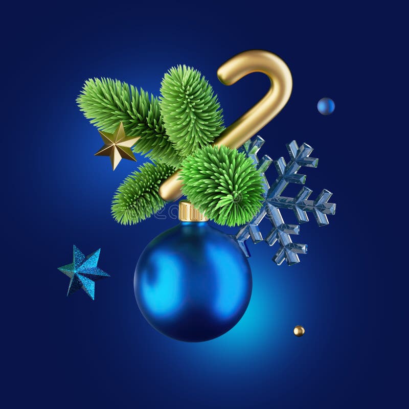 3d-rendering av klormas, prydnadsgrödspätta och glaskula. festive-klippbild isolerad på blå bakgrund.