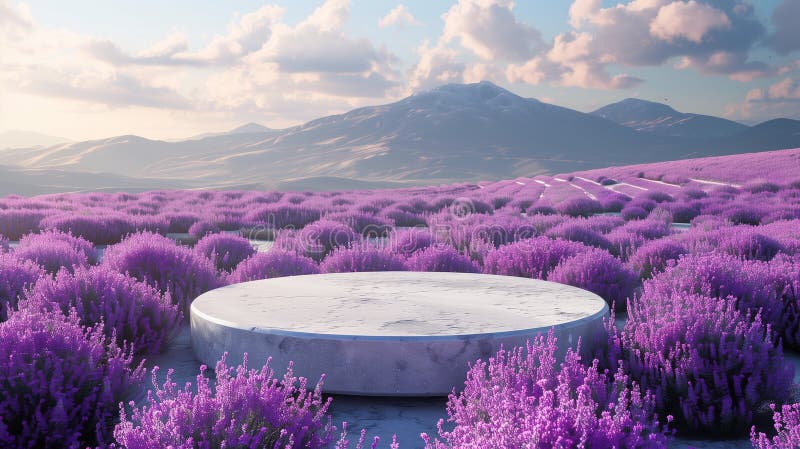 3d-rendering av marmorcirkeln står på en framträdande plats inom stora lila lavender-fält som är perfekta för eleganta showcase stock illustrationer