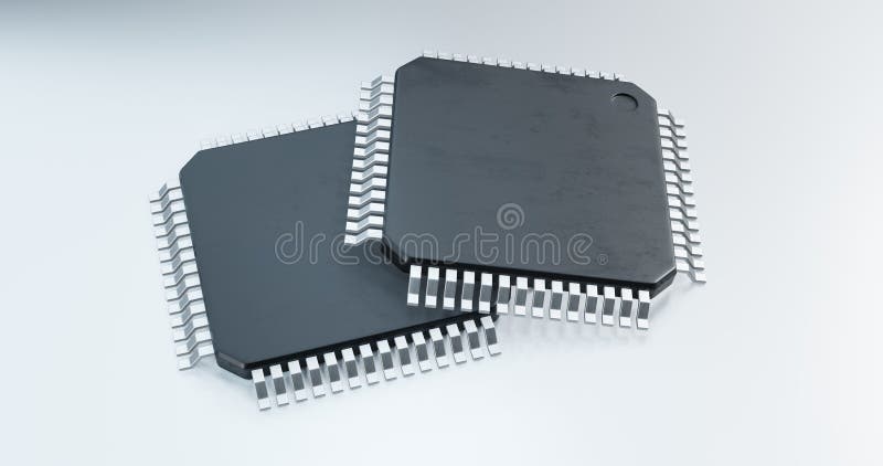 3d-rendering av mikrochip eller halvledarchip för databehandling stock illustrationer