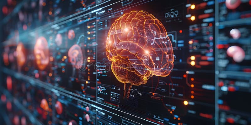 3d-rendering av mänsklig hjärna på datorns bildbakgrund. artificiell intelligens.