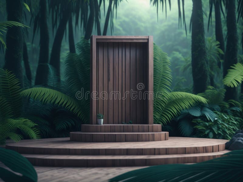 3d-rendering av podium-mockup av trä i tropiska skogar för produktpresentation och miljövänligt bakgrundsgenerativt stöd stock illustrationer