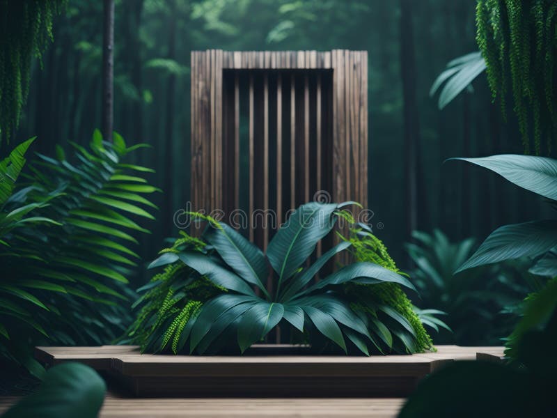 3d-rendering av podium-mockup av trä i tropiska skogar för produktpresentation och miljövänligt bakgrundsgenerativt stöd vektor illustrationer