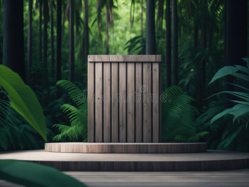 3d-rendering av podium-mockup av trä i tropiska skogar för produktpresentation och miljövänligt bakgrundsgenerativt stöd stock illustrationer