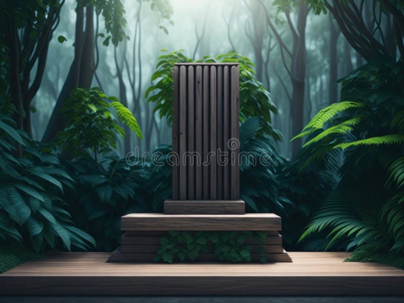 3d-rendering av podium-mockup av trä i tropiska skogar för produktpresentation och miljövänligt bakgrundsgenerativt stöd vektor illustrationer