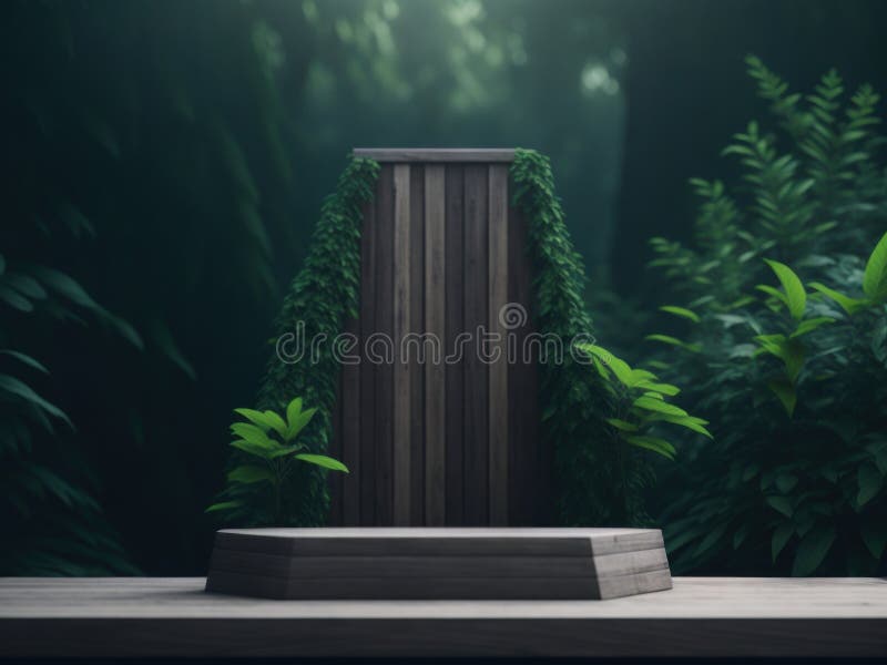 3d-rendering av podium-mockup av trä i tropiska skogar för produktpresentation och miljövänligt bakgrundsgenerativt stöd vektor illustrationer