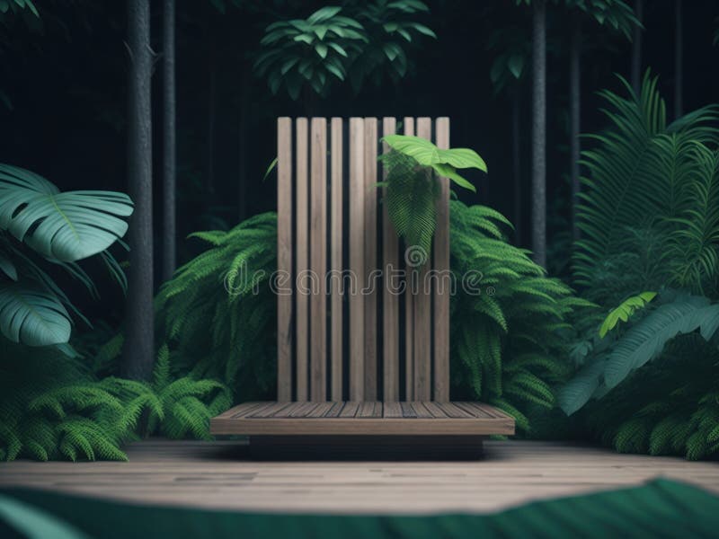 3d-rendering av podium-mockup av trä i tropiska skogar för produktpresentation och miljövänligt bakgrundsgenerativt stöd royaltyfri illustrationer