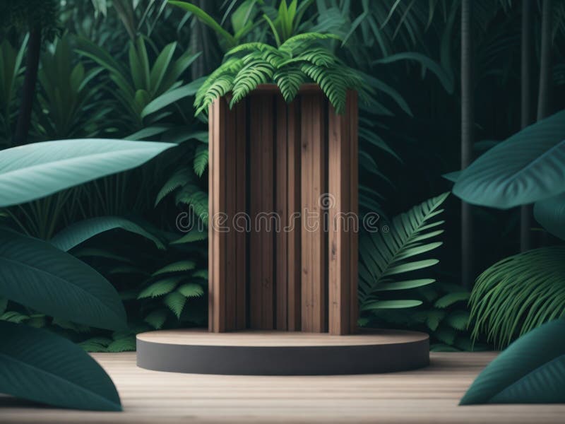 3d-rendering av podium-mockup av trä i tropiska skogar för produktpresentation och miljövänligt bakgrundsgenerativt stöd royaltyfri illustrationer
