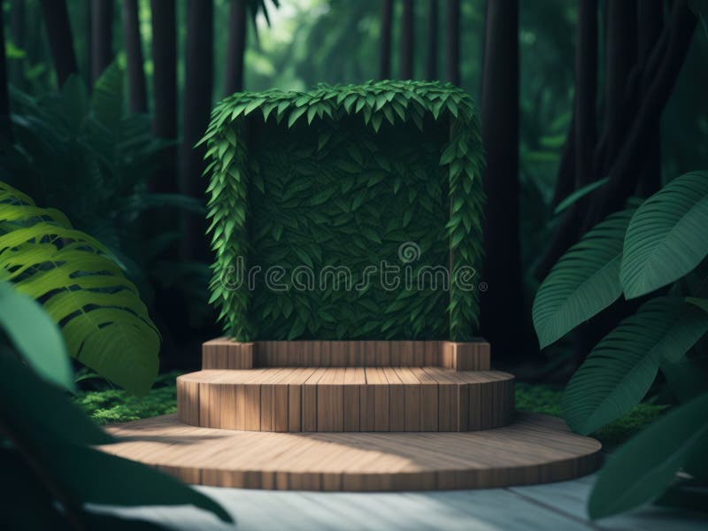 3d-rendering av podium-mockup av trä i tropiska skogar för produktpresentation och miljövänligt bakgrundsgenerativt stöd stock illustrationer