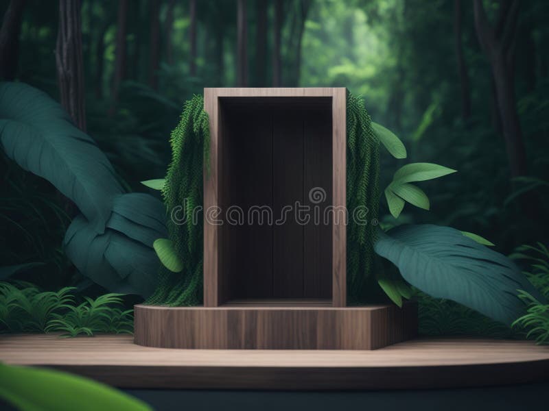 3d-rendering av podium-mockup av trä i tropiska skogar för produktpresentation och miljövänligt bakgrundsgenerativt stöd vektor illustrationer