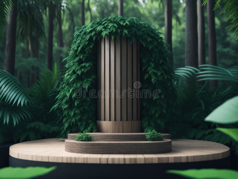 3d-rendering av podium-mockup av trä i tropiska skogar för produktpresentation och miljövänligt bakgrundsgenerativt stöd stock illustrationer