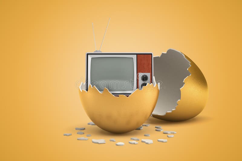 3d-rendering av retroTV-apparat som just kläckts ur guldägg Retroteknik Analog TV Nostalgiskt humör