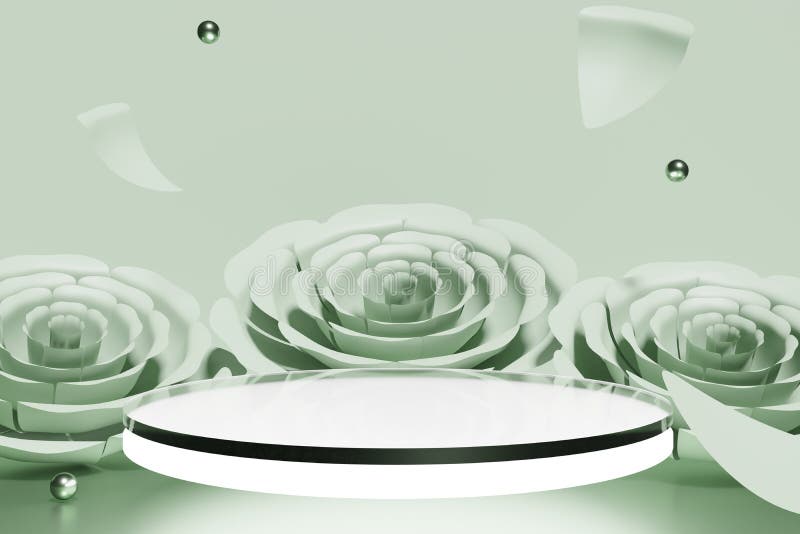 3d-rendering av vackra gröna basilika blommor med glaspodium med ledljus för valentinbroar eller vårprojekt royaltyfri illustrationer