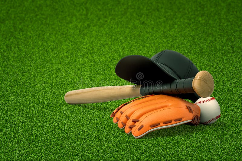 3d rendering of baseball bat, ball and gloves on green field background. Games and sports. Outdoor activities. Sporting goods.