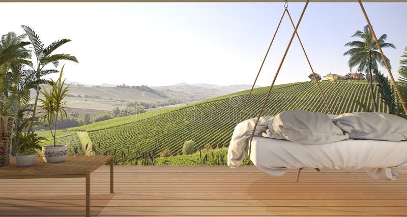 3d rendering beautiful hanging bed on terrace near green hill with nice sky view and palm tree in hawaii in summer vector illustration 3d rendering beautiful hanging bed on terrace near green hill with nice sky view and palm tree in hawaii in summer vector illustration