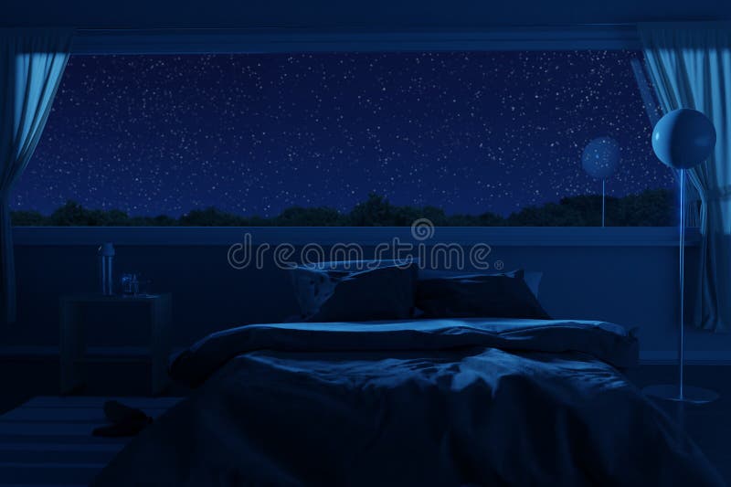 Bedroom with Cozy Low Bed at Night Stock Illustration Illustration of