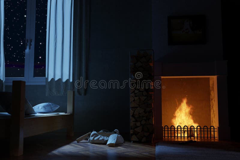 3d rendering of bedroom with fireplace at deep night