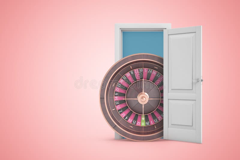 3d rendering of big casino wheel emerging from open door on pink gradient copyspace background. Casino betting. Gambling business. Gambling addiction.