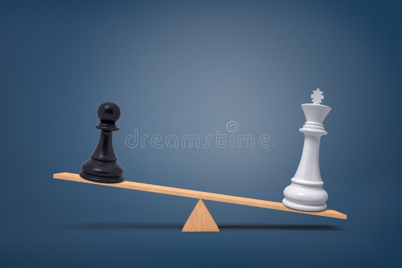 3d rendering of a black chess pawn piece loses to an overweighing white king on a wooden seesaw.