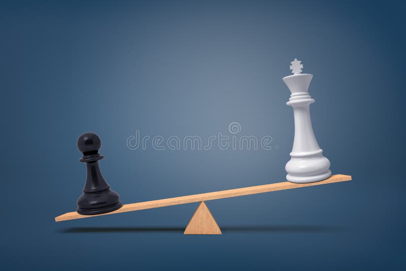 3d rendering of black chess pawn piece overweighs a white king on a wooden seesaw on a blue background.