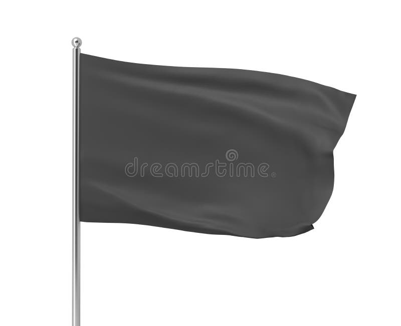 3d Rendering of Black Flag Hanging on Post and Wavering on a White