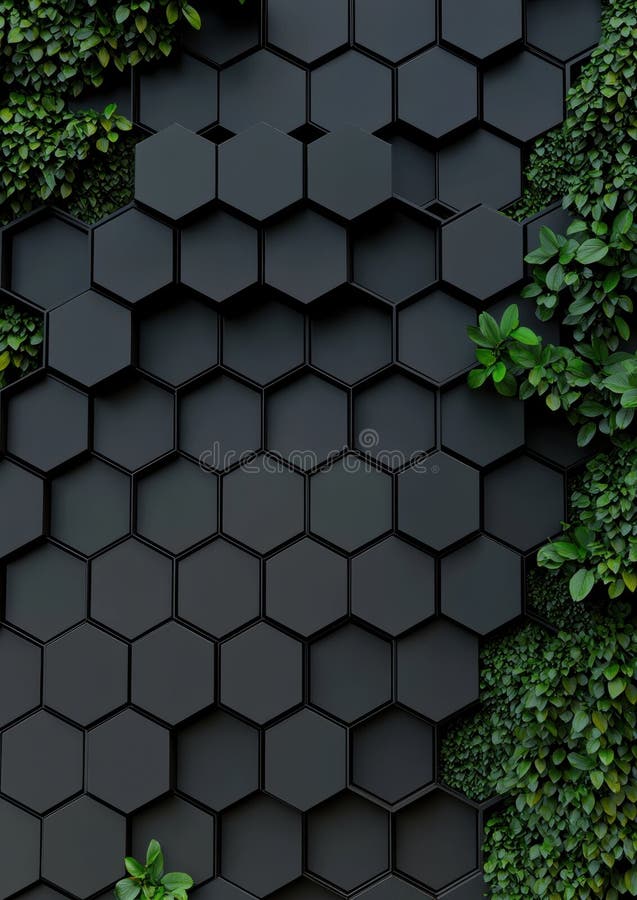A 3D rendering of a black hexagonal wall with a green plant growing on the right side. stock illustration