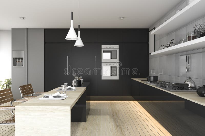 3d Rendering Black Kitchen with Wood Floor and Light Stock Illustration