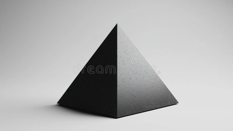 A 3D rendering of a black pyramid with a textured surface. stock illustration