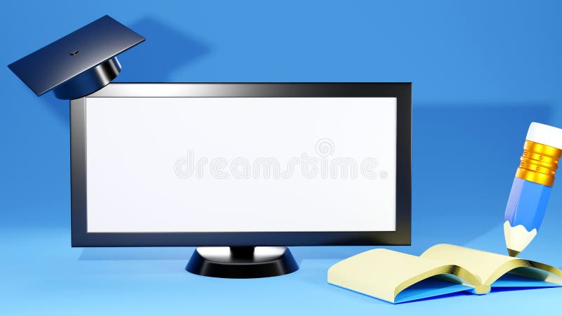 3D Rendering of blank white computer monitor Graduation cap open book and pencil isolated on blue background and have space for vector illustration
