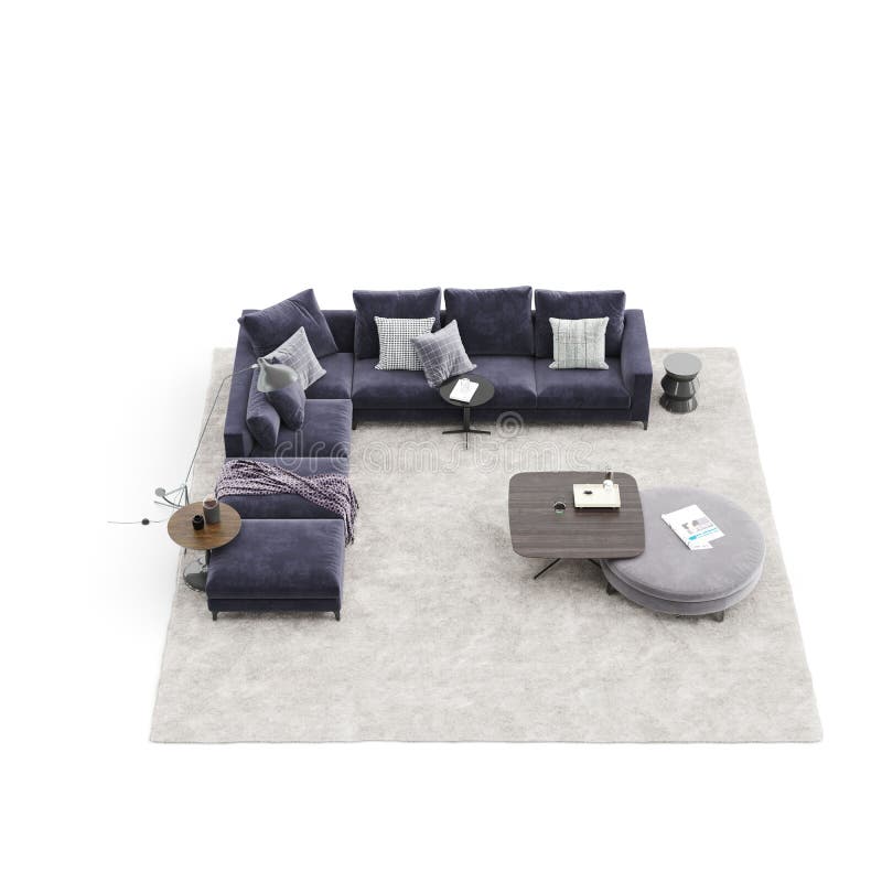 3D Rendering of a Blue Fabric Sofa with a Coffee Table on Carpet on White Background Stock Photo