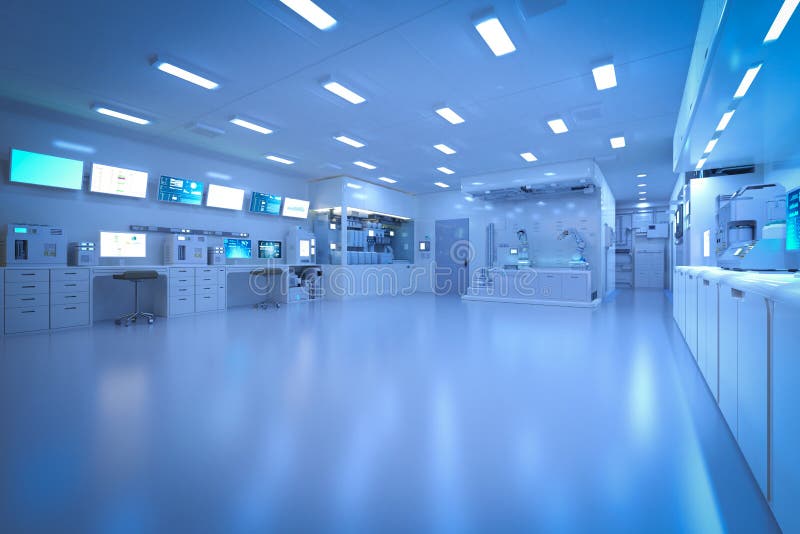 Blue Futuristic Laboratory Interior in Semiconductor Manufacturing