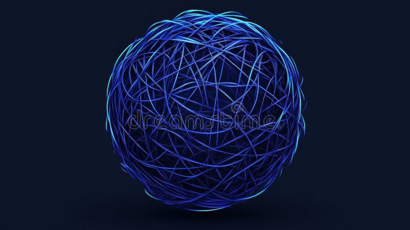 A 3D rendering of a blue wireframe sphere. stock illustration