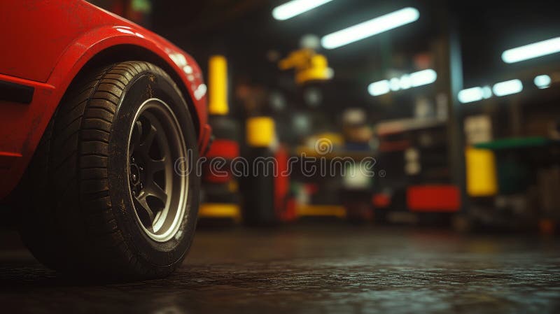 A 3D rendering of a blurred automobile service center interior with an abstract design, showcasing a defocused mechanic stock illustration