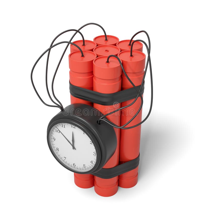 3d rendering of a bundle of dynamite sticks with a clock attached to the side of it on a white background. Dangerous job. Explosive supplies. Destroy and demolish.