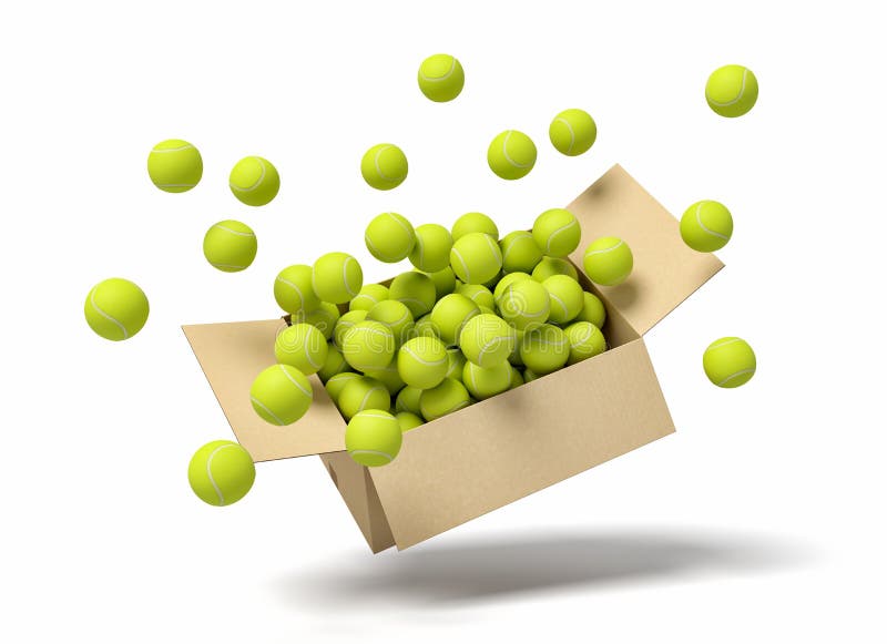 3d rendering of cardboard box full of tennis balls in mid-air.