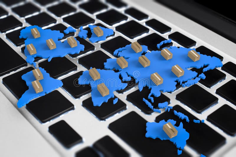 Boxes on world map with notebook stock illustration Boxes on world map with notebook stock illustration