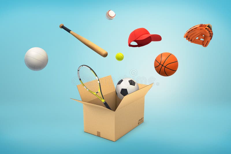 3d rendering of a carton box with different sport balls, bats and caps flying in or out of it. royalty free stock photo 3d rendering of a carton box with different sport balls, bats and caps flying in or out of it. royalty free stock photo