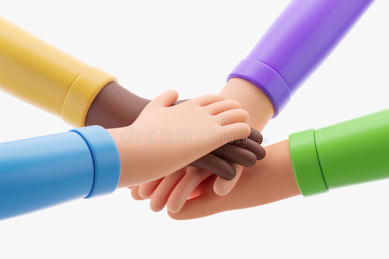 3d rendering. Cartoon characters hands on hands, cooperation and colleagues stock illustration